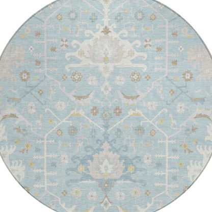 8' Sky Blue And Blue Round Oriental Washable Indoor Outdoor Area Rug