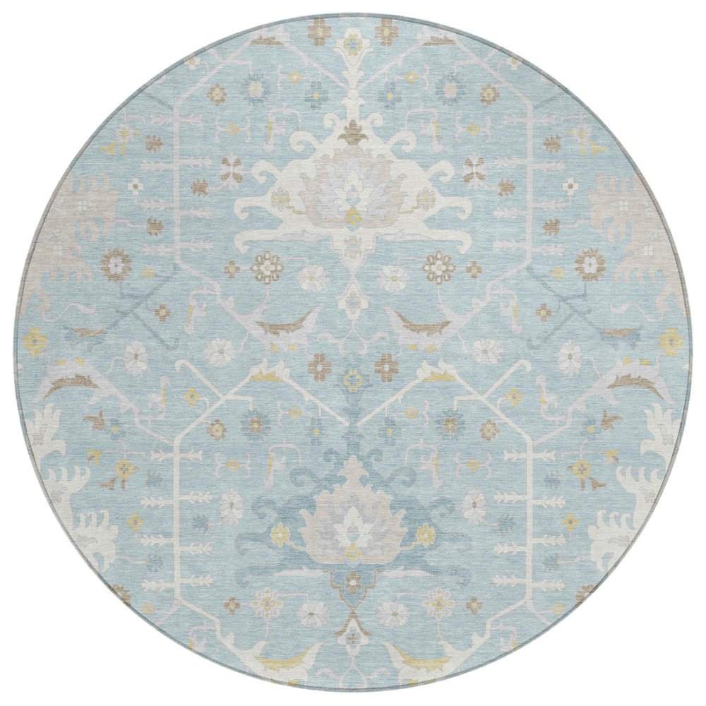 8' Sky Blue And Blue Round Oriental Washable Indoor Outdoor Area Rug