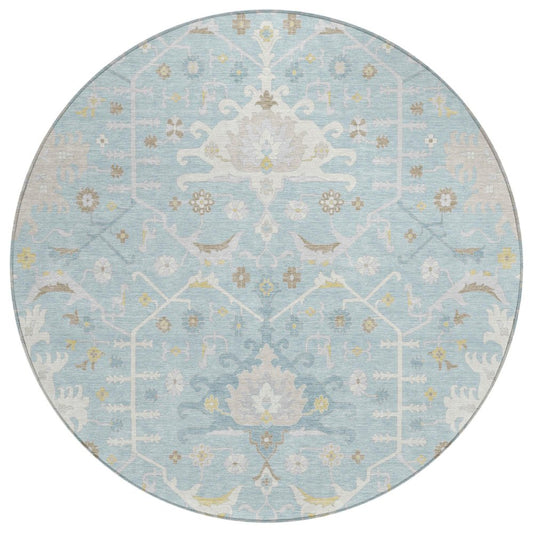 8' Sky Blue And Blue Round Oriental Washable Indoor Outdoor Area Rug