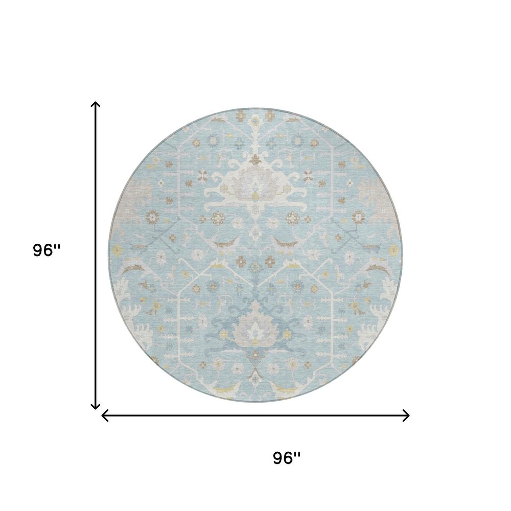 8' Sky Blue And Blue Round Oriental Washable Indoor Outdoor Area Rug — view 9