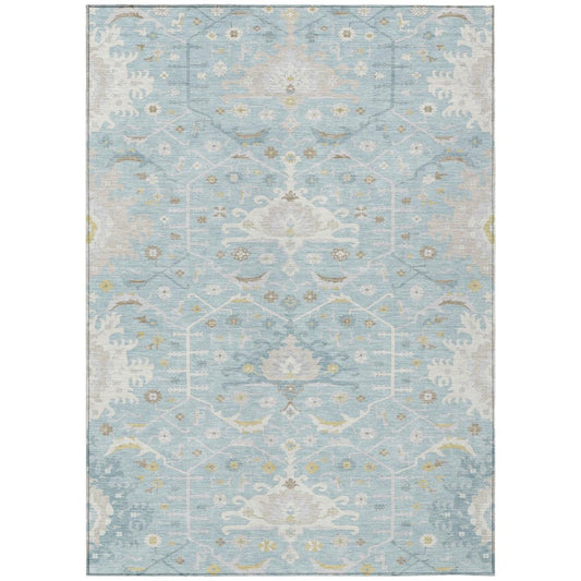 8' X 10' Sky Blue And Blue Oriental Washable Indoor Outdoor Area Rug