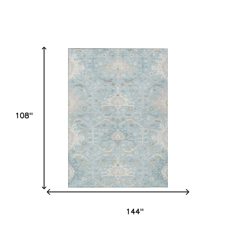 9' X 12' Sky Blue And Blue Oriental Washable Indoor Outdoor Area Rug