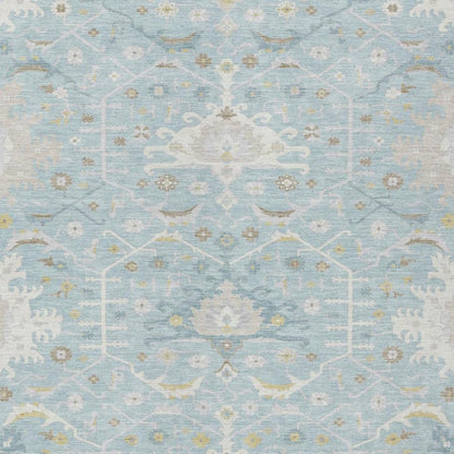 9' X 12' Sky Blue And Blue Oriental Washable Indoor Outdoor Area Rug