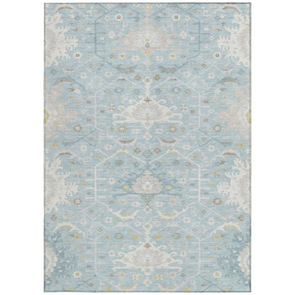 9' X 12' Sky Blue And Blue Oriental Washable Indoor Outdoor Area Rug