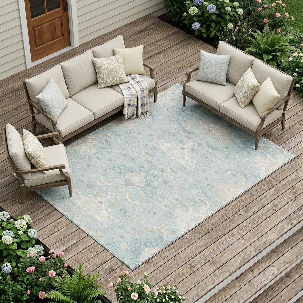 10' X 14' Sky Blue And Blue Oriental Washable Indoor Outdoor Area Rug HomeRoots