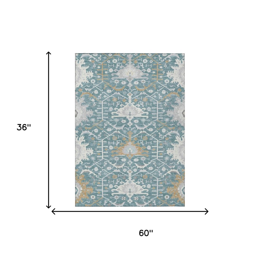 3' X 5' Teal Blue And Silver Oriental Washable Indoor Outdoor Area Rug — view 5