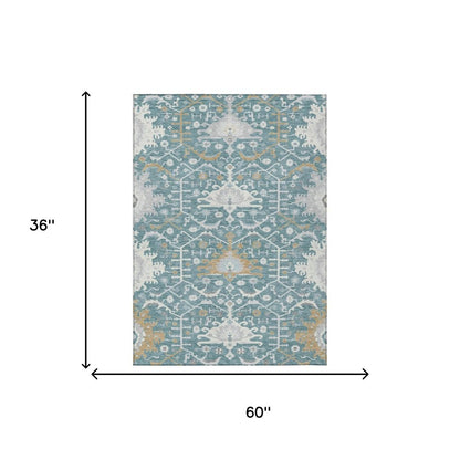 3' X 5' Teal Blue And Silver Oriental Washable Indoor Outdoor Area Rug