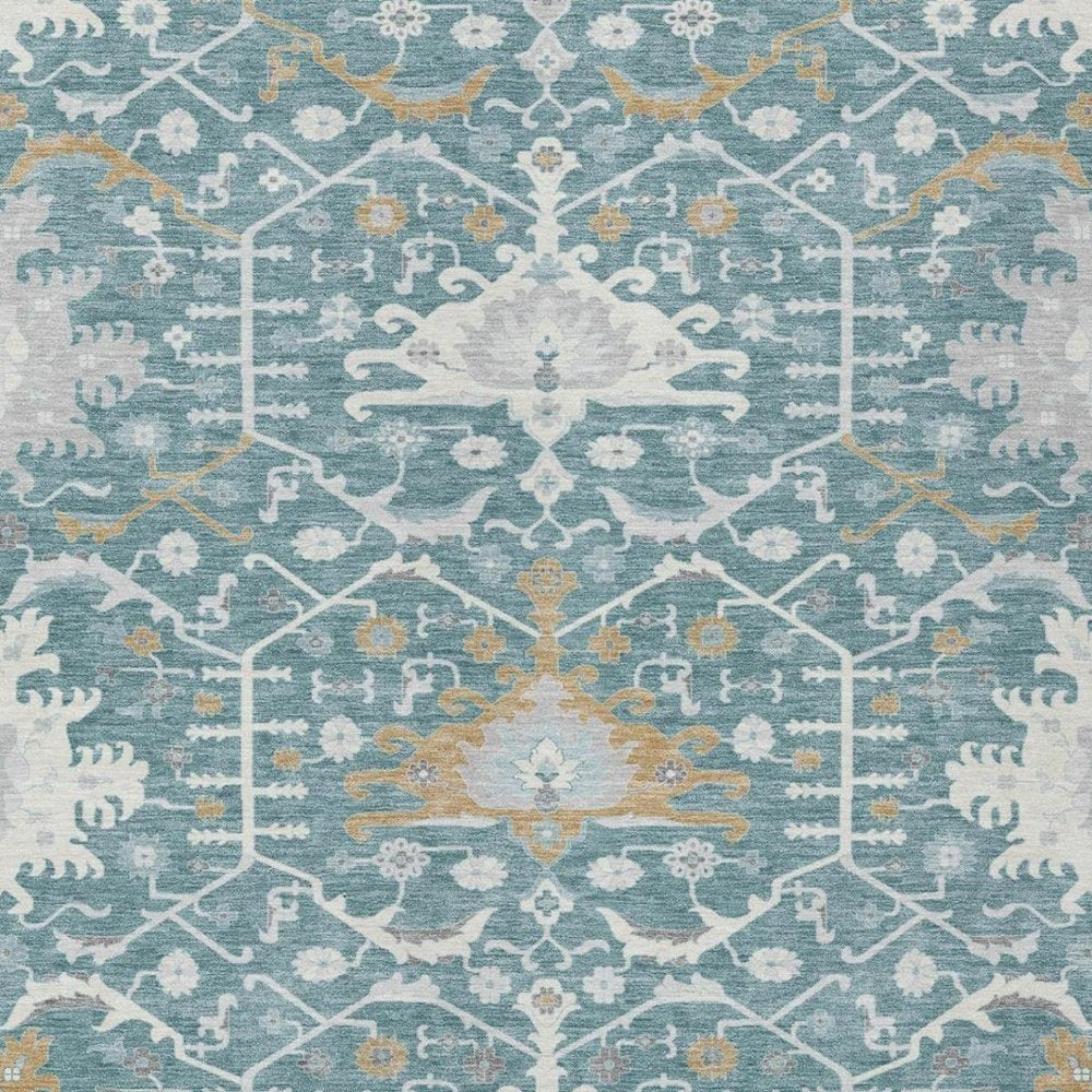 3' X 5' Teal Blue And Silver Oriental Washable Indoor Outdoor Area Rug