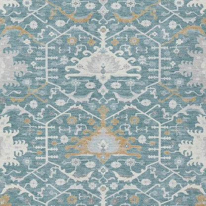 3' X 5' Teal Blue And Silver Oriental Washable Indoor Outdoor Area Rug