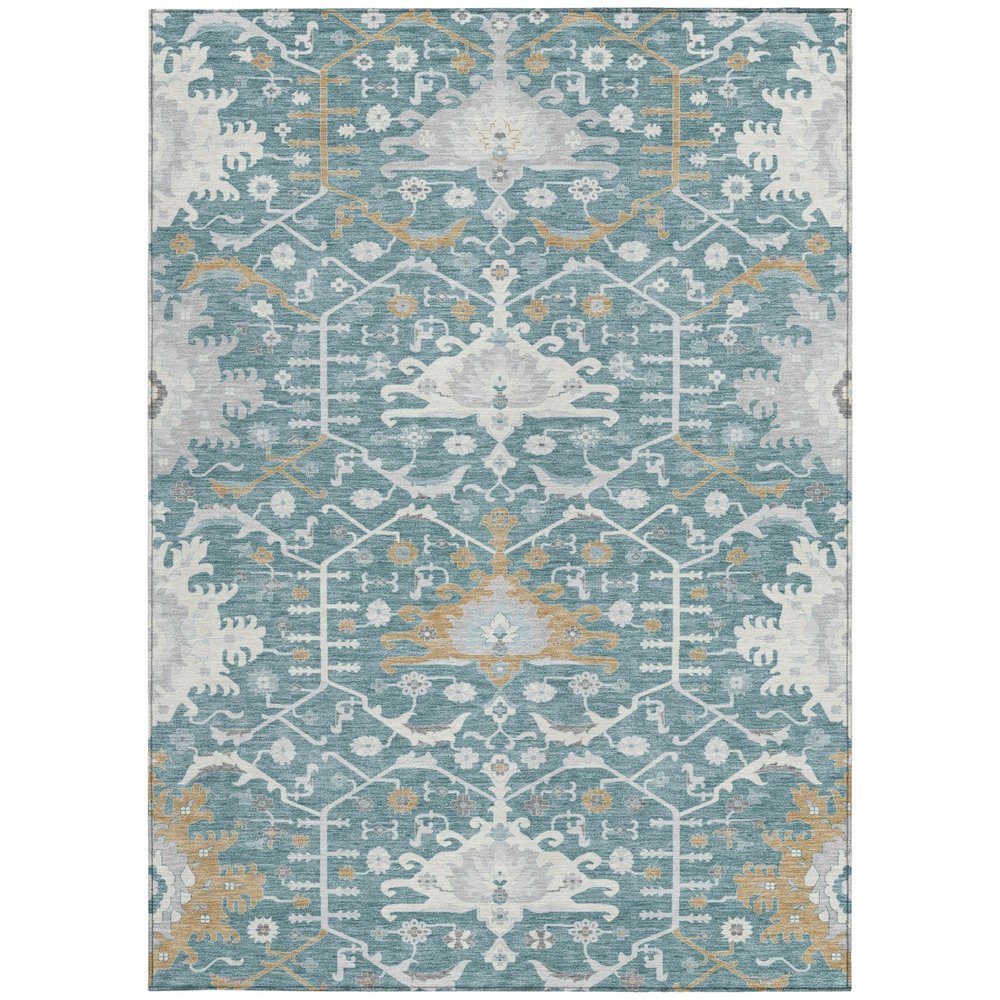 3' X 5' Teal Blue And Silver Oriental Washable Indoor Outdoor Area Rug
