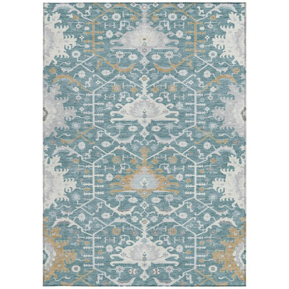 3' X 5' Teal Blue And Silver Oriental Washable Indoor Outdoor Area Rug