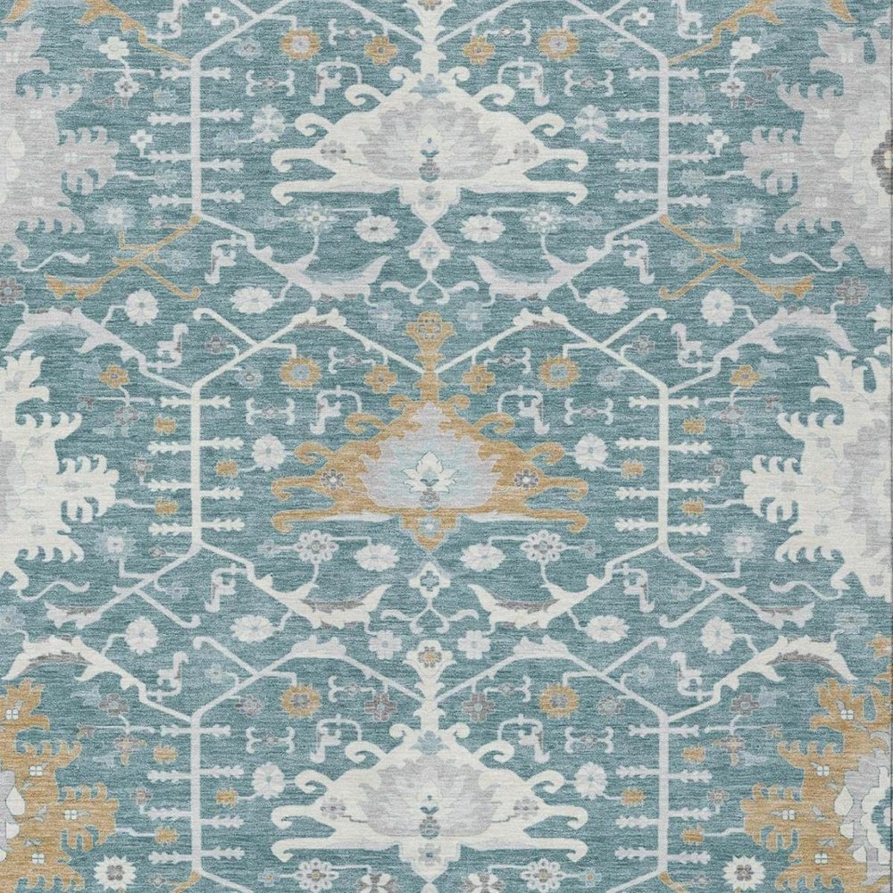 3' X 5' Teal Blue And Silver Oriental Washable Indoor Outdoor Area Rug