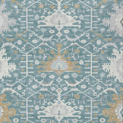 3' X 5' Teal Blue And Silver Oriental Washable Indoor Outdoor Area Rug