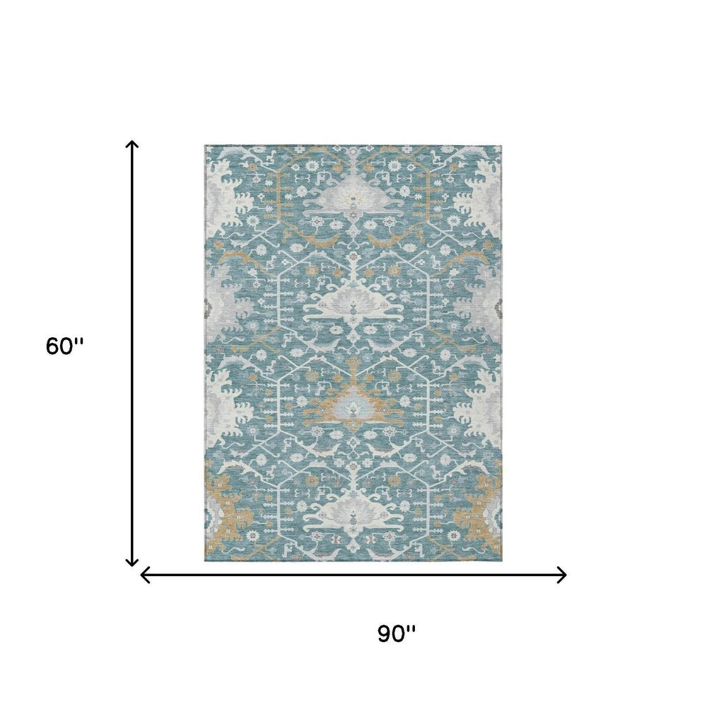 5' X 8' Teal Blue And Silver Oriental Washable Indoor Outdoor Area Rug HomeRoots