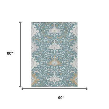 5' X 8' Teal Blue And Silver Oriental Washable Indoor Outdoor Area Rug HomeRoots