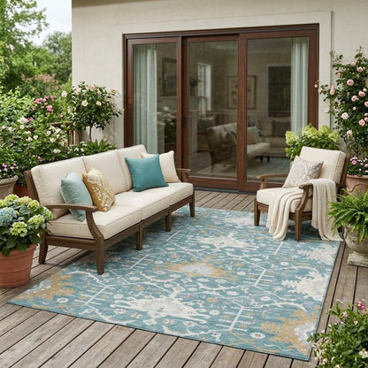 5' X 8' Teal Blue And Silver Oriental Washable Indoor Outdoor Area Rug HomeRoots