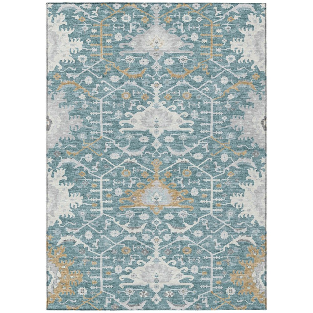 5' X 8' Teal Blue And Silver Oriental Washable Indoor Outdoor Area Rug HomeRoots