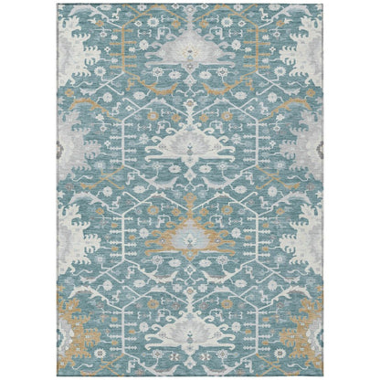 5' X 8' Teal Blue And Silver Oriental Washable Indoor Outdoor Area Rug HomeRoots