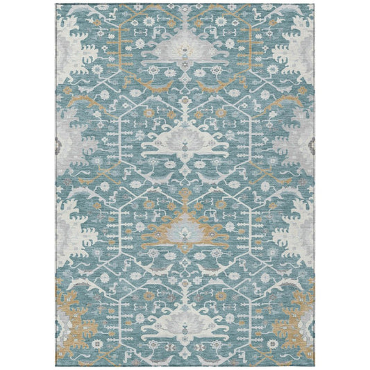 5' X 8' Teal Blue And Silver Oriental Washable Indoor Outdoor Area Rug