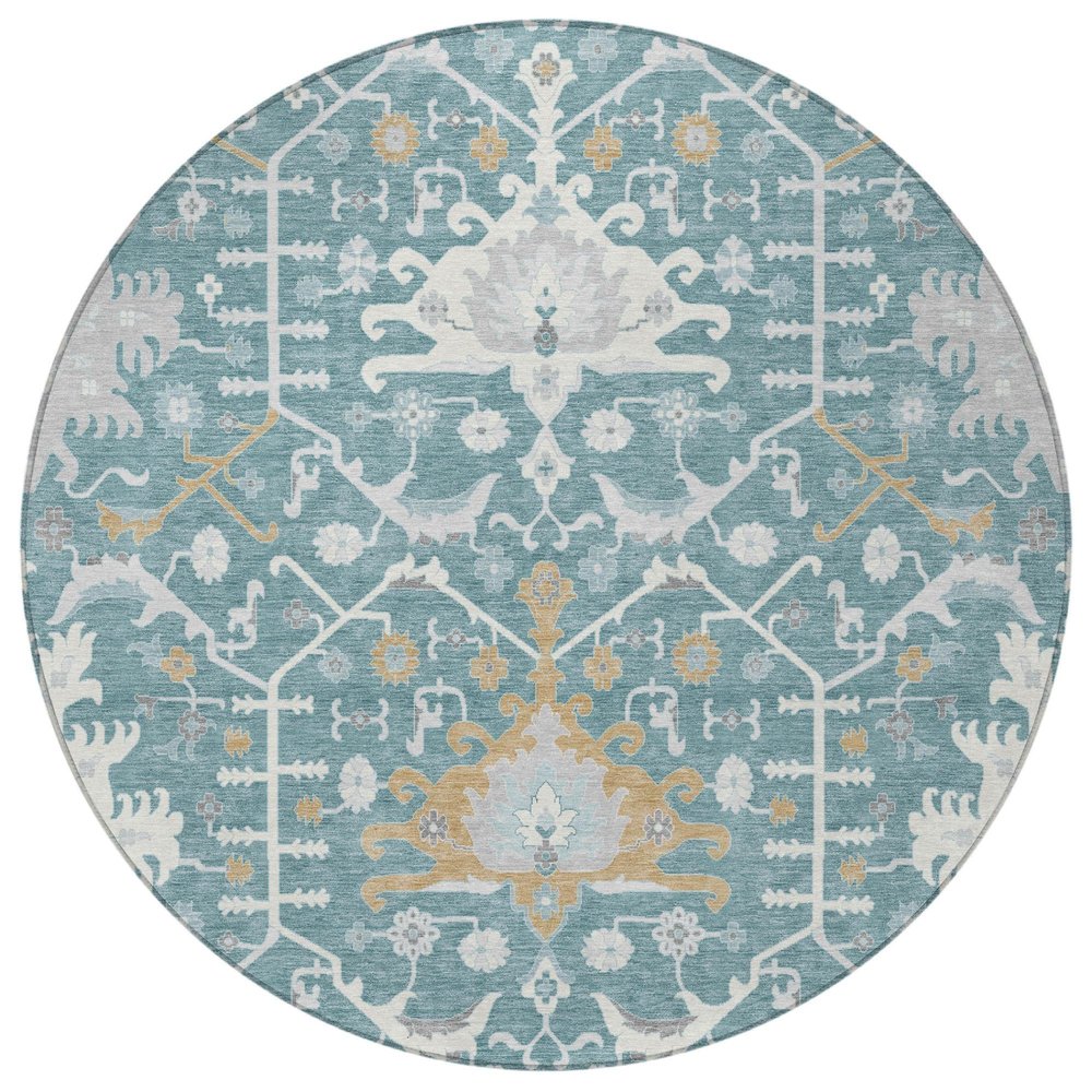 8' Teal Blue And Silver Round Oriental Washable Indoor Outdoor Area Rug — view 7