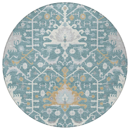 8' Teal Blue And Silver Round Oriental Washable Indoor Outdoor Area Rug
