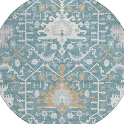 8' Teal Blue And Silver Round Oriental Washable Indoor Outdoor Area Rug