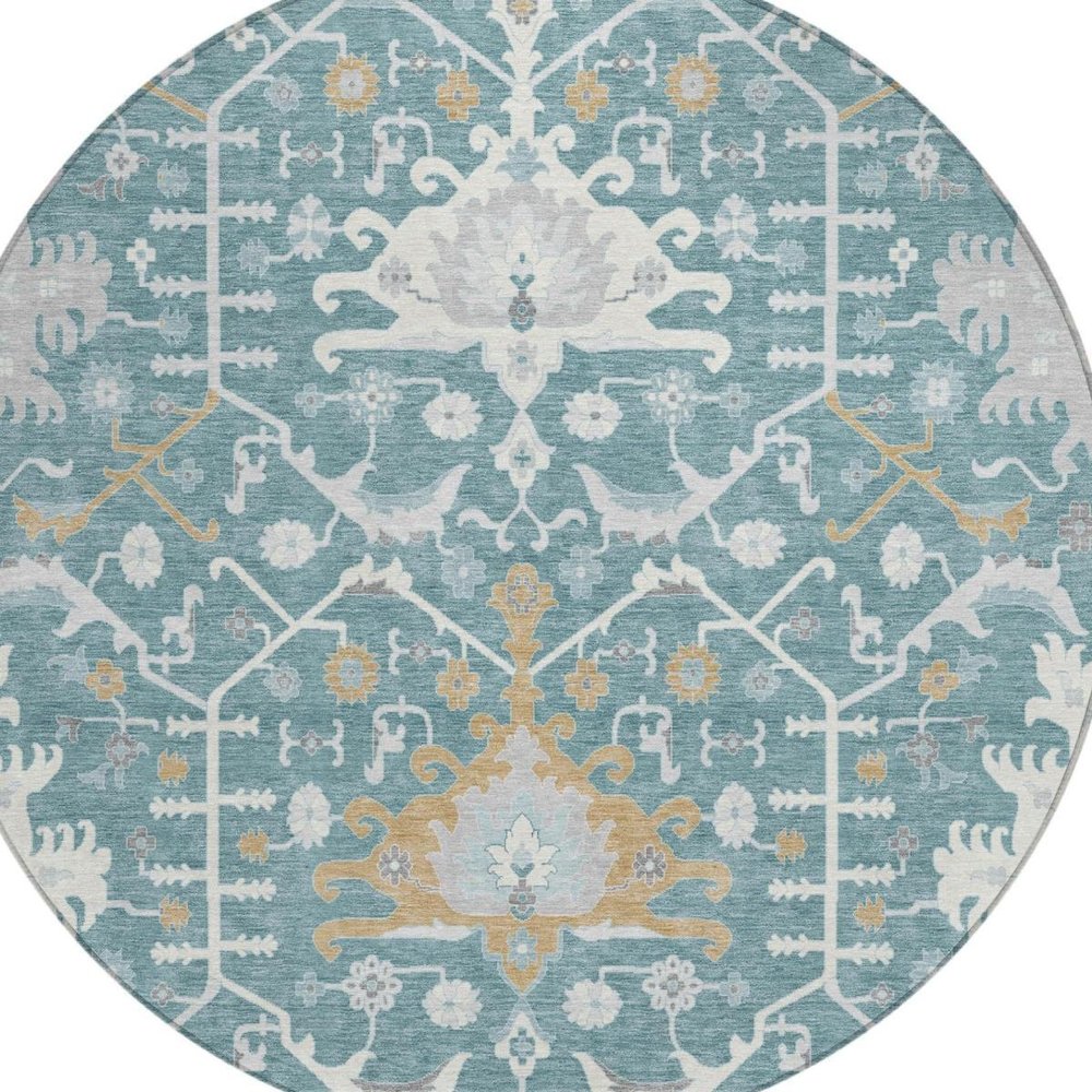 8' Teal Blue And Silver Round Oriental Washable Indoor Outdoor Area Rug — view 9