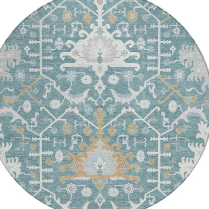 8' Teal Blue And Silver Round Oriental Washable Indoor Outdoor Area Rug