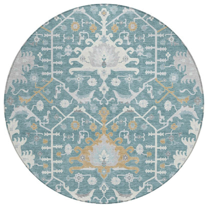 8' Teal Blue And Silver Round Oriental Washable Indoor Outdoor Area Rug HomeRoots
