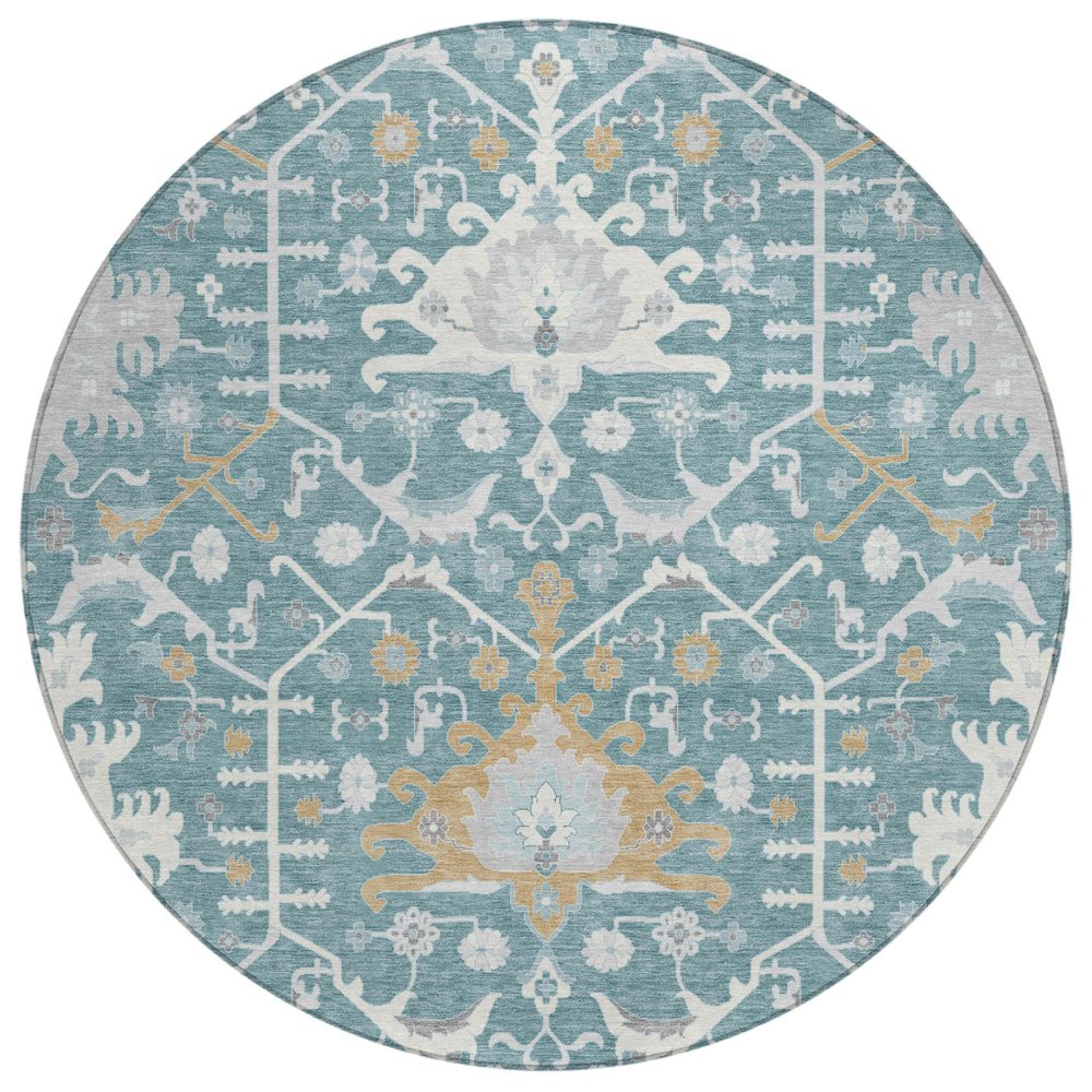 8' Teal Blue And Silver Round Oriental Washable Indoor Outdoor Area Rug