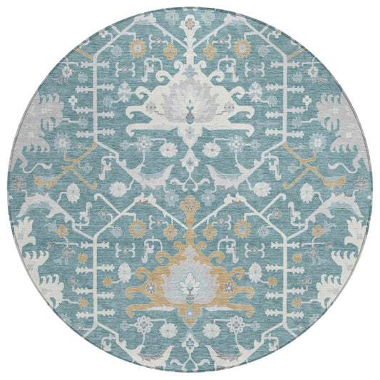 8' Teal Blue And Silver Round Oriental Washable Indoor Outdoor Area Rug