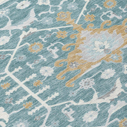8' Teal Blue And Silver Round Oriental Washable Indoor Outdoor Area Rug HomeRoots
