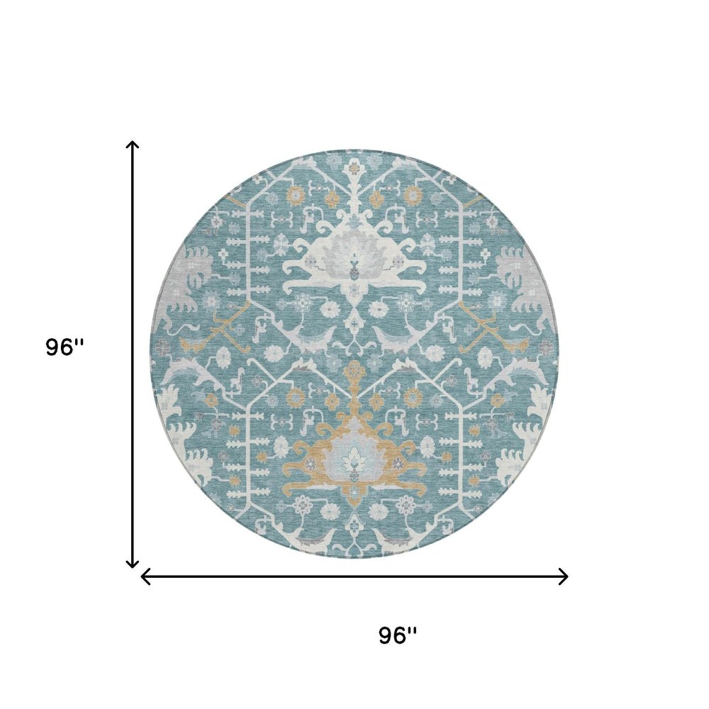8' Teal Blue And Silver Round Oriental Washable Indoor Outdoor Area Rug