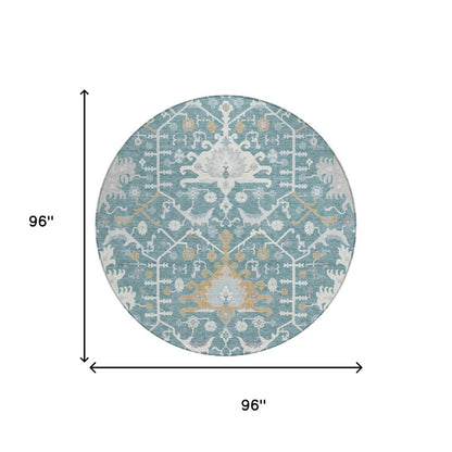 8' Teal Blue And Silver Round Oriental Washable Indoor Outdoor Area Rug HomeRoots