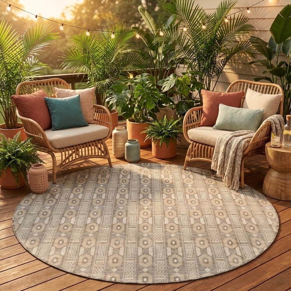 8' Beige And Brown Round Striped Washable Indoor Outdoor Area Rug HomeRoots