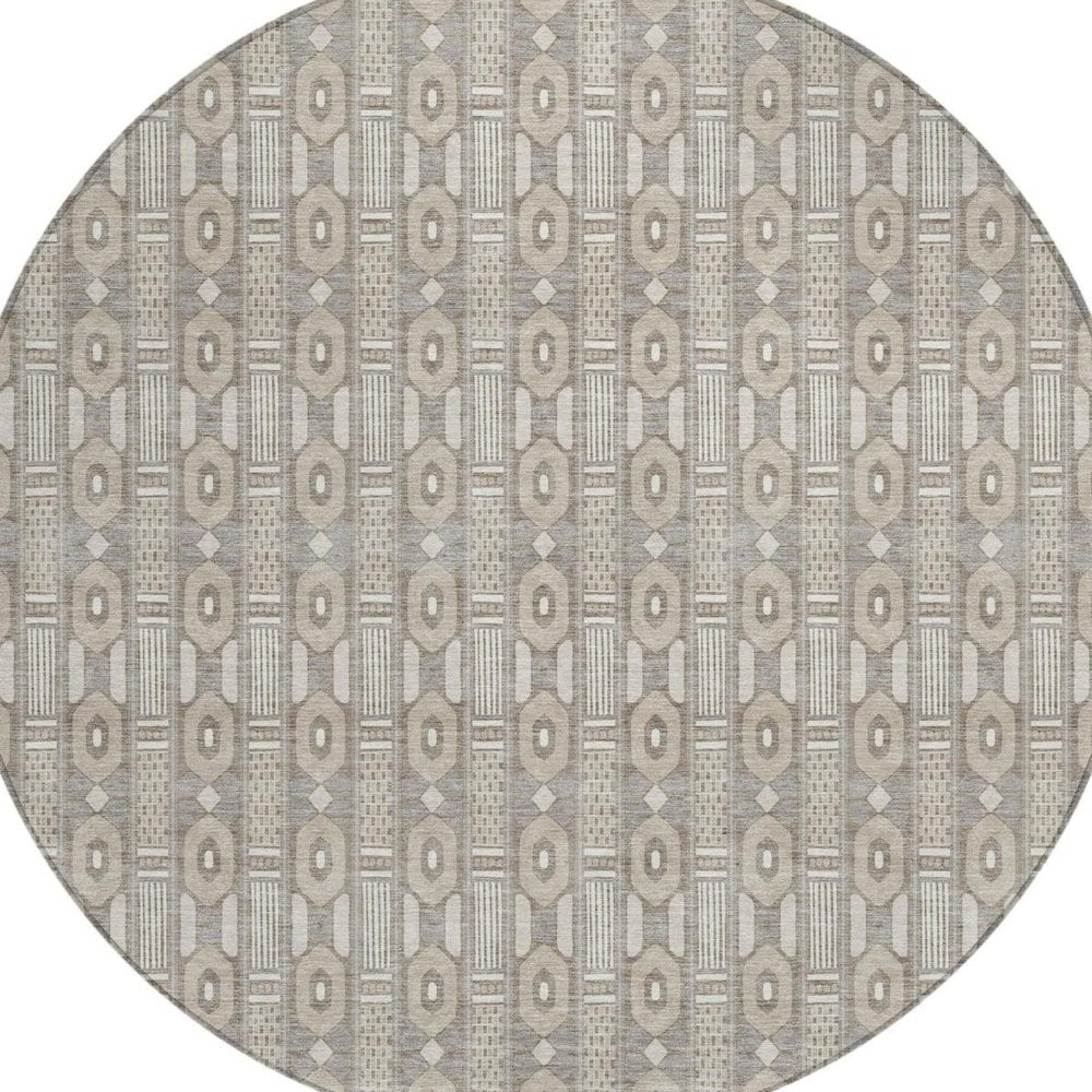 8' Beige And Brown Round Striped Washable Indoor Outdoor Area Rug