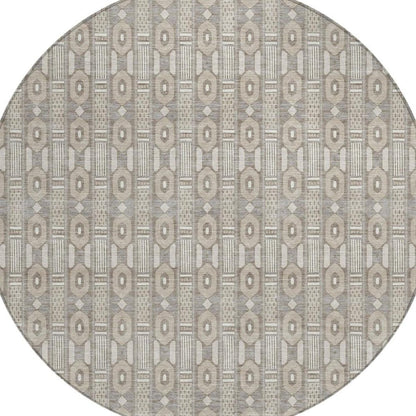8' Beige And Brown Round Striped Washable Indoor Outdoor Area Rug