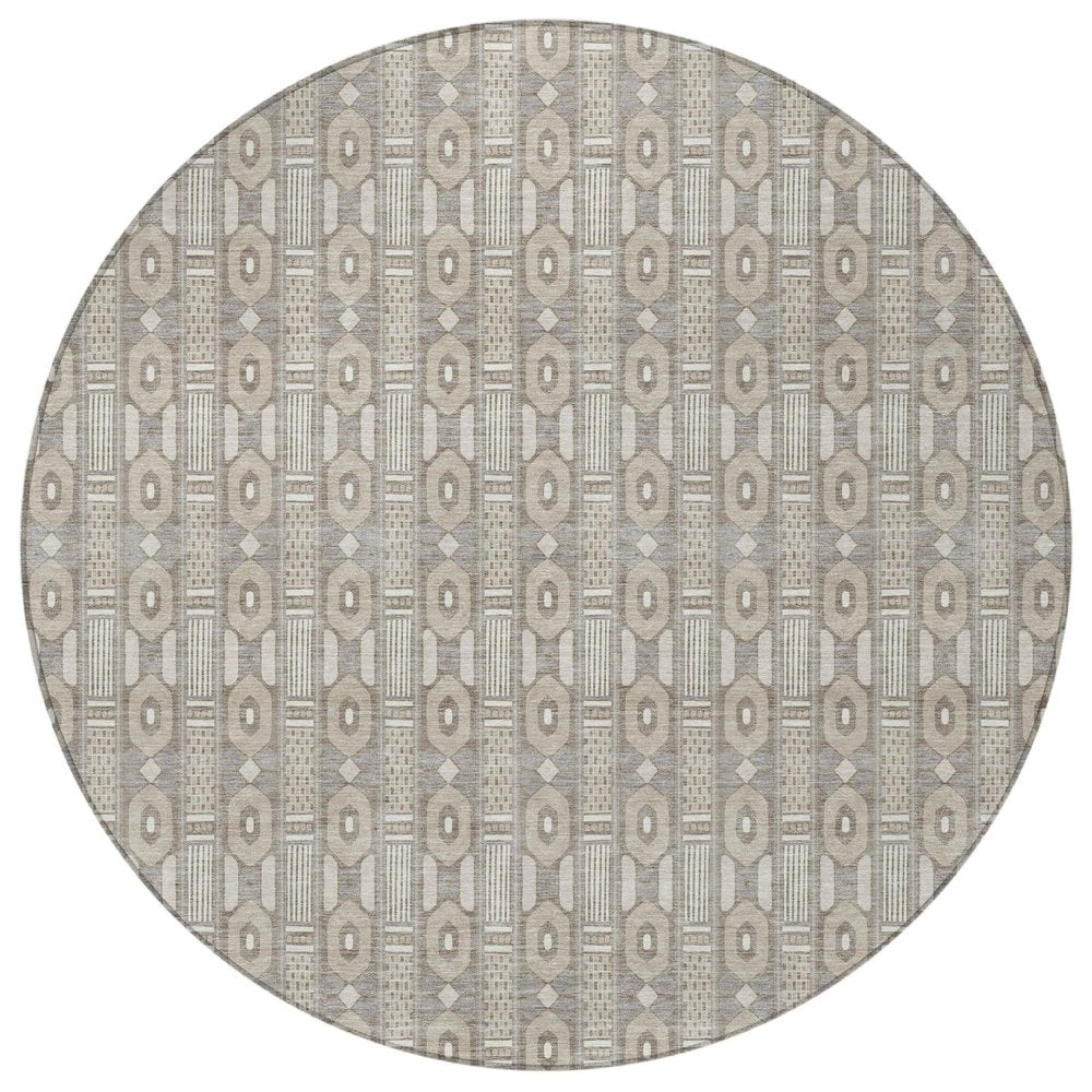 8' Beige And Brown Round Striped Washable Indoor Outdoor Area Rug — view 8