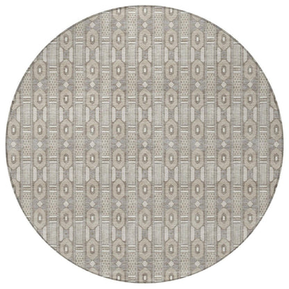 8' Beige And Brown Round Striped Washable Indoor Outdoor Area Rug