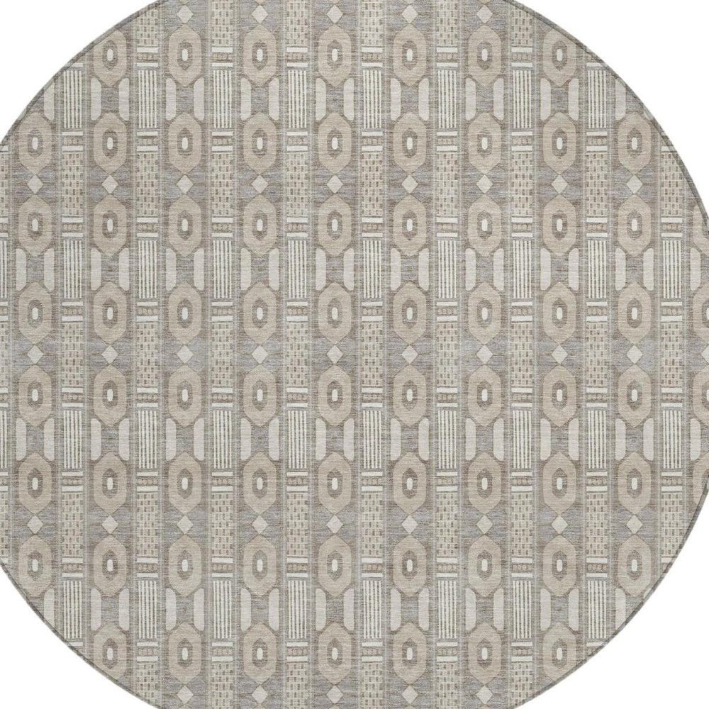 8' Beige And Brown Round Striped Washable Indoor Outdoor Area Rug
