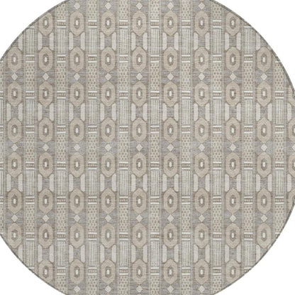 8' Beige And Brown Round Striped Washable Indoor Outdoor Area Rug