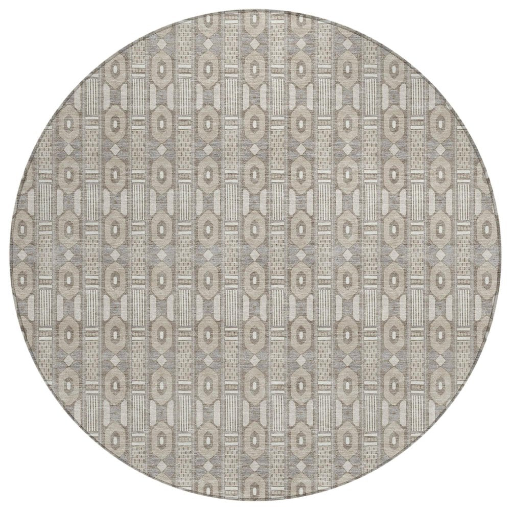 8' Beige And Brown Round Striped Washable Indoor Outdoor Area Rug — view 1