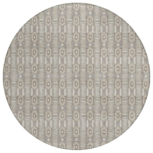 8' Beige And Brown Round Striped Washable Indoor Outdoor Area Rug