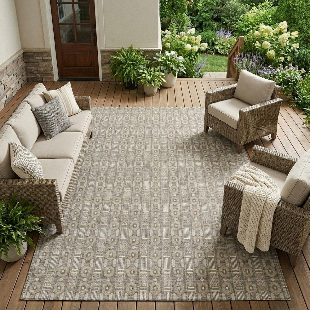 9' X 12' Beige And Brown Striped Washable Indoor Outdoor Area Rug — view 5