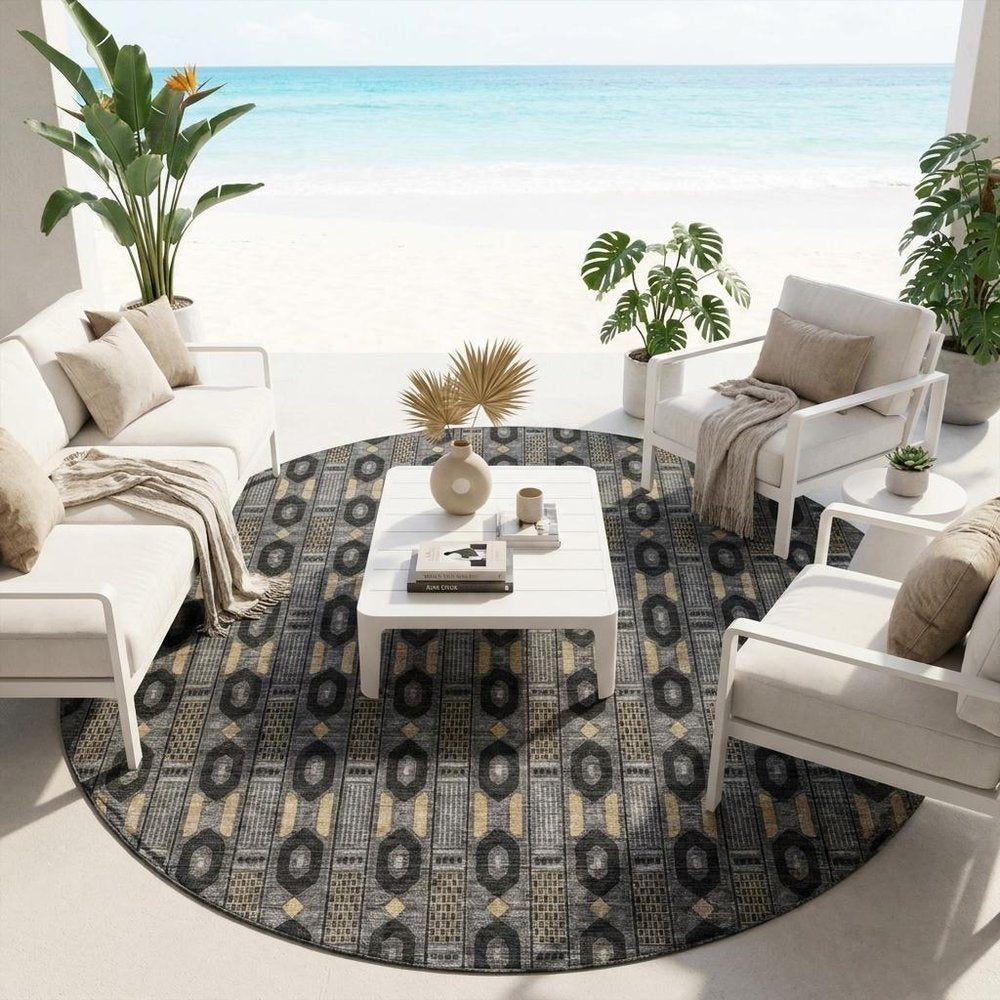 8' Black And Graphite Round Striped Washable Indoor Outdoor Area Rug — view 6