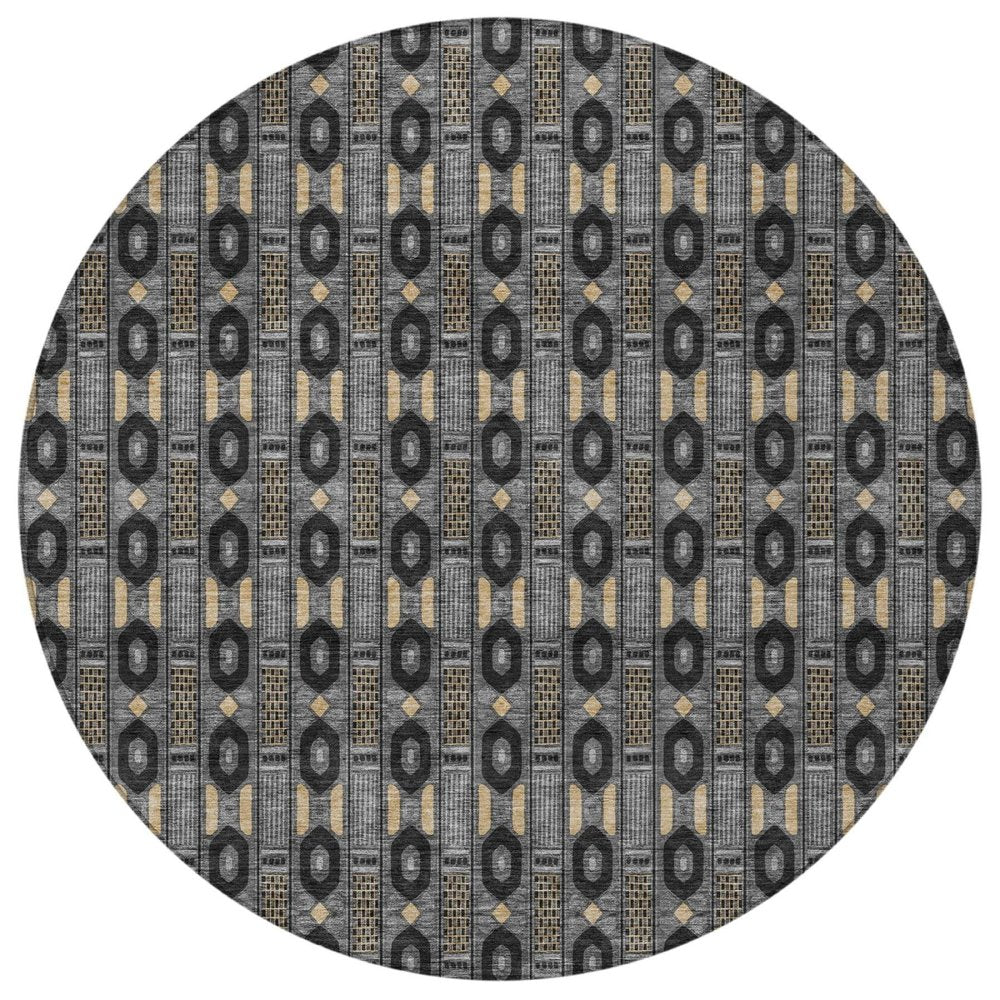 8' Black And Graphite Round Striped Washable Indoor Outdoor Area Rug — view 7
