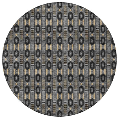 8' Black And Graphite Round Striped Washable Indoor Outdoor Area Rug