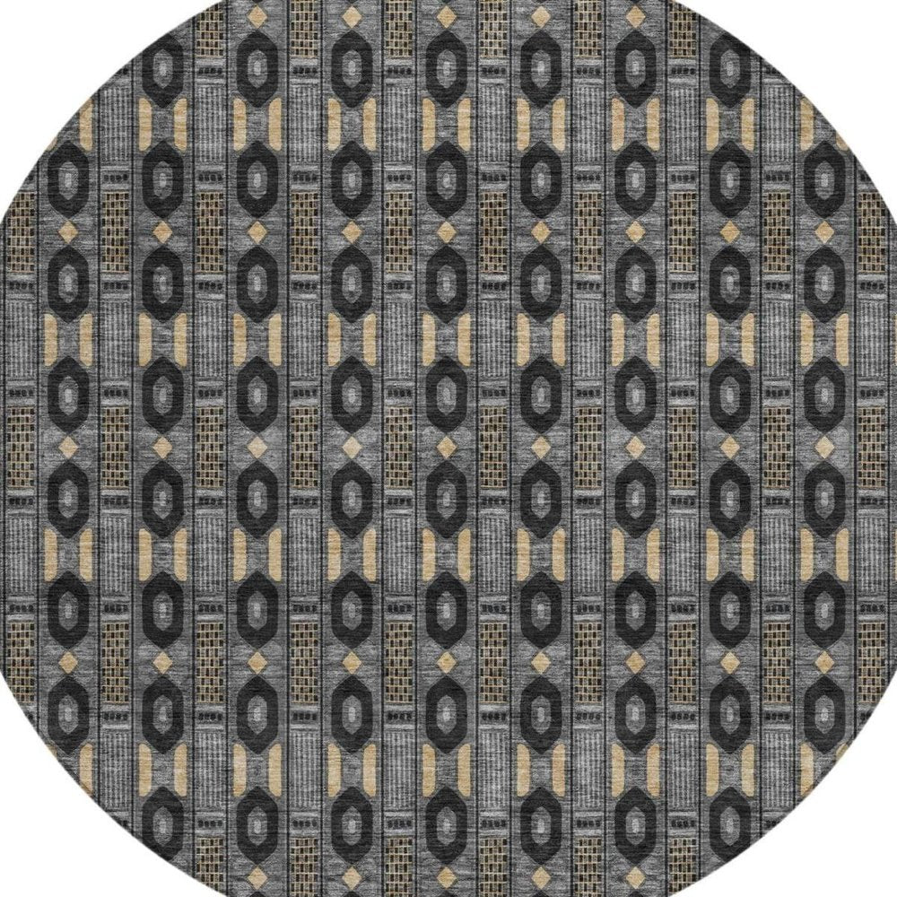 8' Black And Graphite Round Striped Washable Indoor Outdoor Area Rug