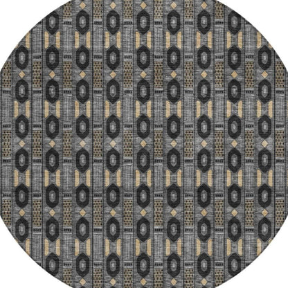 8' Black And Graphite Round Striped Washable Indoor Outdoor Area Rug