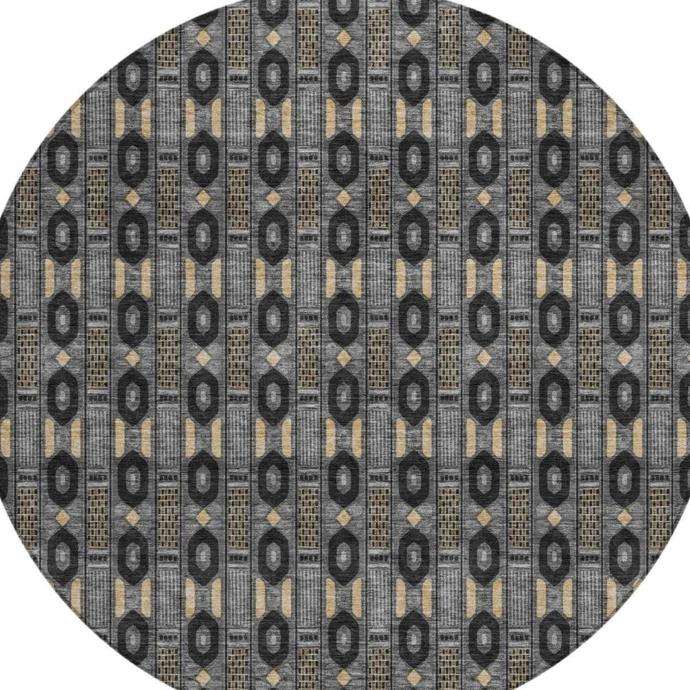 8' Black And Graphite Round Striped Washable Indoor Outdoor Area Rug — view 9